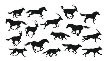 A collection of running horses deer and canids in black silhouette