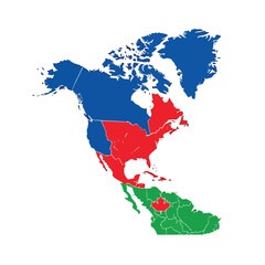 Fototapeta premium Map of North and Central America colored by regions for world cup in a flat lay style with a clean white background and a bold, geographic mood.