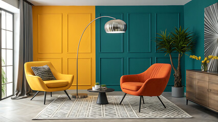 modern living room with orange furniture