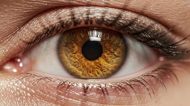 Human yellow eye in extreme close-up, iris details shifting as the pupil slowly opens in smooth slow motion, creating a dramatic, high-clarity 4K macro visual effect