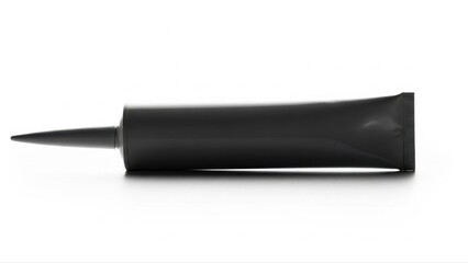 Black caulk tube isolated on a clean white background, showcasing sleek modern design with sharp pointed nozzle, minimalistic composition