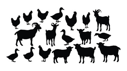 A collection of farm animals in dark silhouettes against a white background