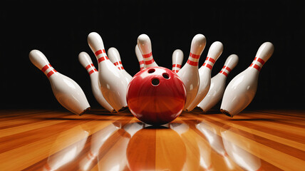 A red bowling ball striking white pins on a shiny wooden lane, creating an action shot.