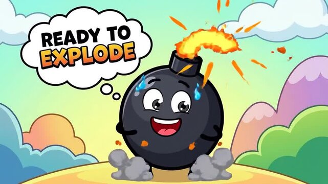 A cute cartoon bomb character with a happy face stands smiling as its fuse burns, ready to explode in a colorful landscape.