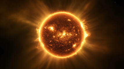 Obraz premium A vibrant, detailed view of the Sun's fiery surface with solar flares and prominences radiating intense light and heat into space.