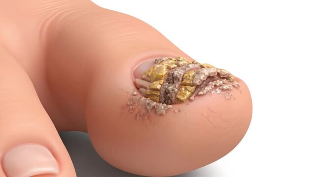 Close-up of a foot with a fungal toenail infection on a white background