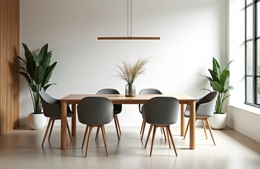 Minimalist dining area with light wood table and grey chairs. Green plants flank table under modern light. Japandi style room promotes calm, organic feel for meals.