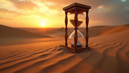 Wooden hourglass sits on rippled sand dune at desert sunset. Golden sun low on horizon with clouds. Sand flows in timer, marking passing time in arid landscape.