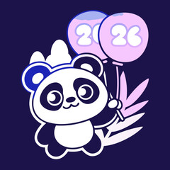 Kawaii cartoon panda holding 2026 balloons cute animal