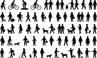 Collection of black human and dog silhouettes in various poses
