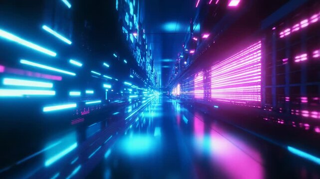 Digital data stream moving through neon cyberspace tunnel