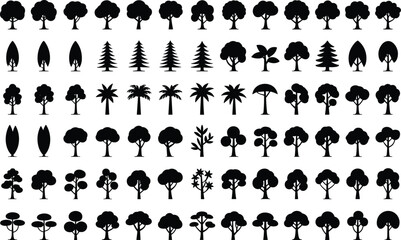 Collection of diverse black tree silhouettes on white background