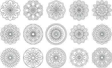 Collection of fifteen black line art mandalas on white