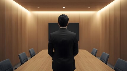 businessman stands facing a screen in a modern wooden conference room. Clean lines, soft lighting, and a professional atmosphere create a focused corporate scene.