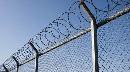 A close-up view of a metal chain-link fence topped with sharp coiled razor wire against a clear blue sky.
