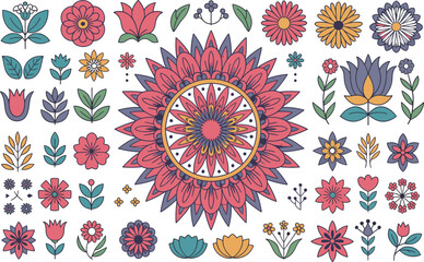 Collection of stylized floral elements and mandala