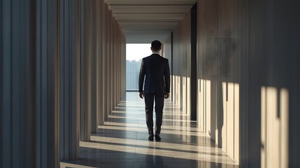 businessman walking alone through a bright modern corridor, illuminated by long shadows and clean architectural lines. Minimal, elegant corporate atmosphere, face not visible.