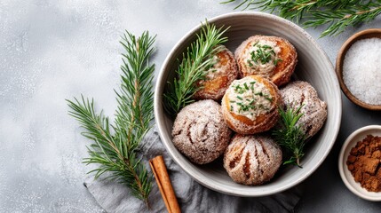 Portuguese sonhos de Natal airy deep-fried dough balls dusted with sugar and cinnamon, presented in a modern minimal style with warm Christmas festive mood