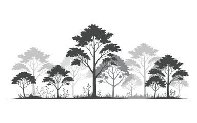 Dark and light gray tree silhouettes with foliage and grass