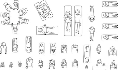 Diverse people in various poses and activities line drawing