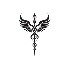 Obraz premium Vector illustration of the caduceus symbol, a medical symbol consisting of a winged staff with two snakes coiled around it.