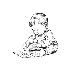 Cartoon vector illustration of a baby boy playing with a puzzle with a cheerful and curious expression.