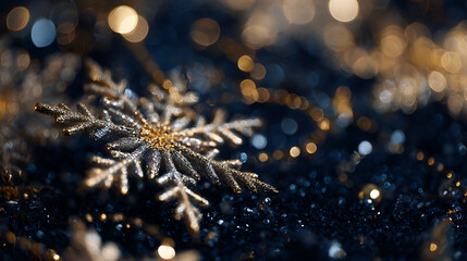 Shimmering snowflake on dark navy background with golden accents, creating festive atmosphere