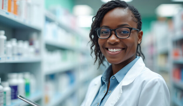 Smiling african american pharmacist in glasses uses digital tablet. Shelves with meds stocked in pharmacy background. Pro works, checks inventory, helps clients. Modern apothecary service. Healthcare. - Powered by Adobe