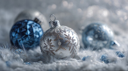 Elegant silver and blue Christmas ornaments with snowflake designs create festive atmosphere