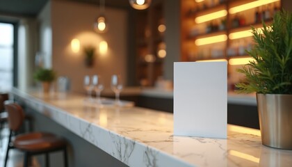 Blank white menu card stands on marble bar counter in modern restaurant. Soft warm lights glow on shelves behind. Empty glasses sit nearby. Plant adds touch of nature.