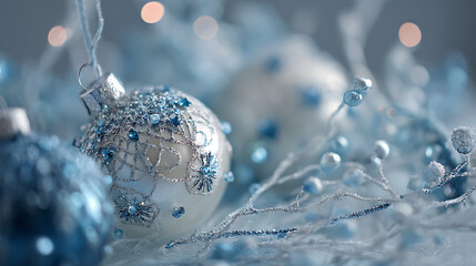 Elegant silver and blue Christmas ornaments with intricate designs create festive atmosphere