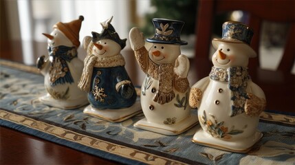 Festive Snowman Figurines Lineup on Elegant Holiday Table Runner in Cozy Home Setting