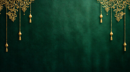 Emerald green velvet background with gold ornaments hanging elegantly