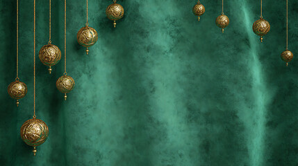 Elegant emerald green velvet background with gold ornaments hanging gracefully