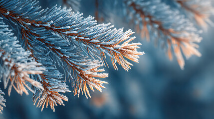 Frost covered pine branches glisten in winter light, creating serene atmosphere