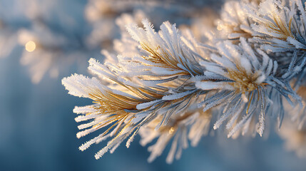 Frost covered pine branches glisten in winter sun, creating serene atmosphere