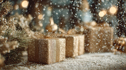 Golden Christmas gift boxes on glittery table with pine branches, creating festive atmosphere