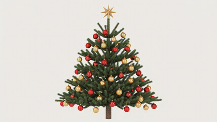 A festive green Christmas tree adorned with red and gold baubles and a shining golden star on a white background.