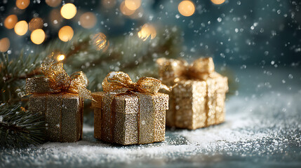 Golden Christmas gift boxes on glitter table with pine branches, creating festive atmosphere