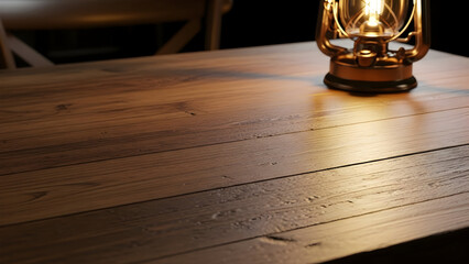 Vintage kerosene lamp glows warmly on rustic wooden table