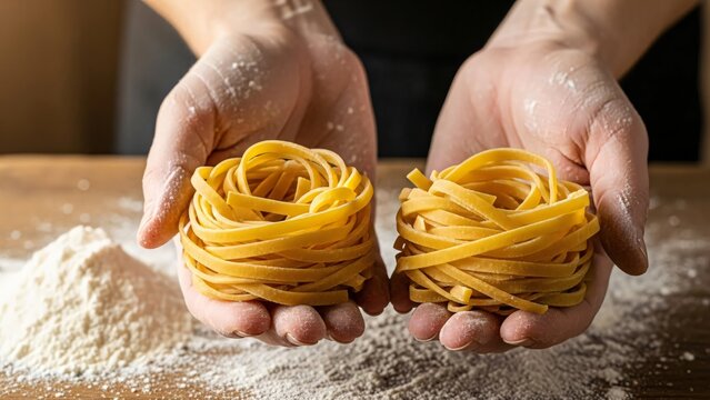 Hands holding fresh pasta nests dusted with flour on a wooden table - Powered by Adobe