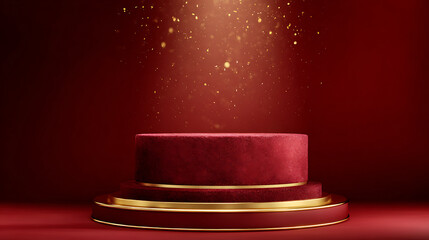 High end red velvet podium with gold trim and smooth gradient background, creating luxurious atmosphere