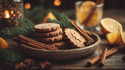 Delicious gingerbread cookies rustic plate with cinnamon sticks, lemon, and festive decorations create warm holiday atmosphere
