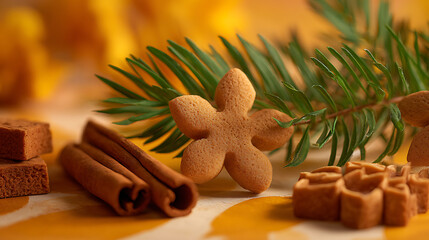 Gingerbread cookies, cinnamon sticks, and pine leaves create cozy holiday scene