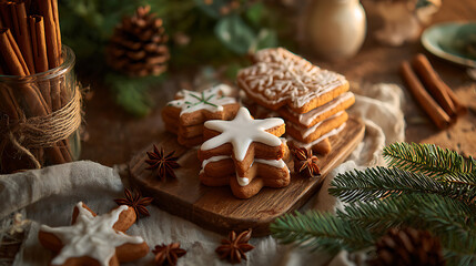 Delightful gingerbread cookies on rustic wooden board, surrounded by festive decorations and spices