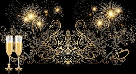Elegant golden fireworks and ornate design with champagne flutes on a black background, celebrating a special occasion.