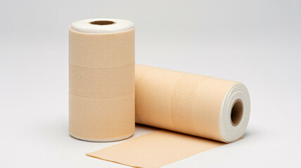 Fototapeta premium Two rolls of beige medical tape, one standing and one unrolled, on a clean white background.