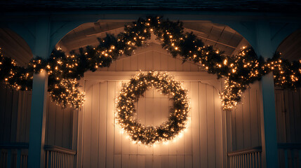 beautifully lit Christmas wreath and garland create festive atmosphere