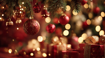 Luxurious Christmas background with red ornaments, golden gifts, and festive lights. warm, joyful atmosphere