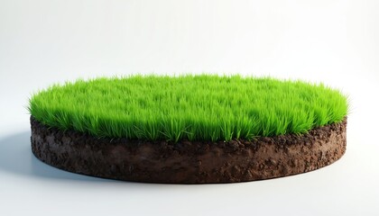 Circular grass island with soil base. Natural landscape element offers a clean presentation stage. Ideal for concepts about growth eco-systems or earth science topics.